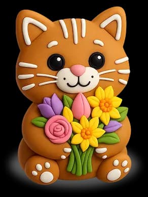 Cute clay cat holding flowers representing FAQ support